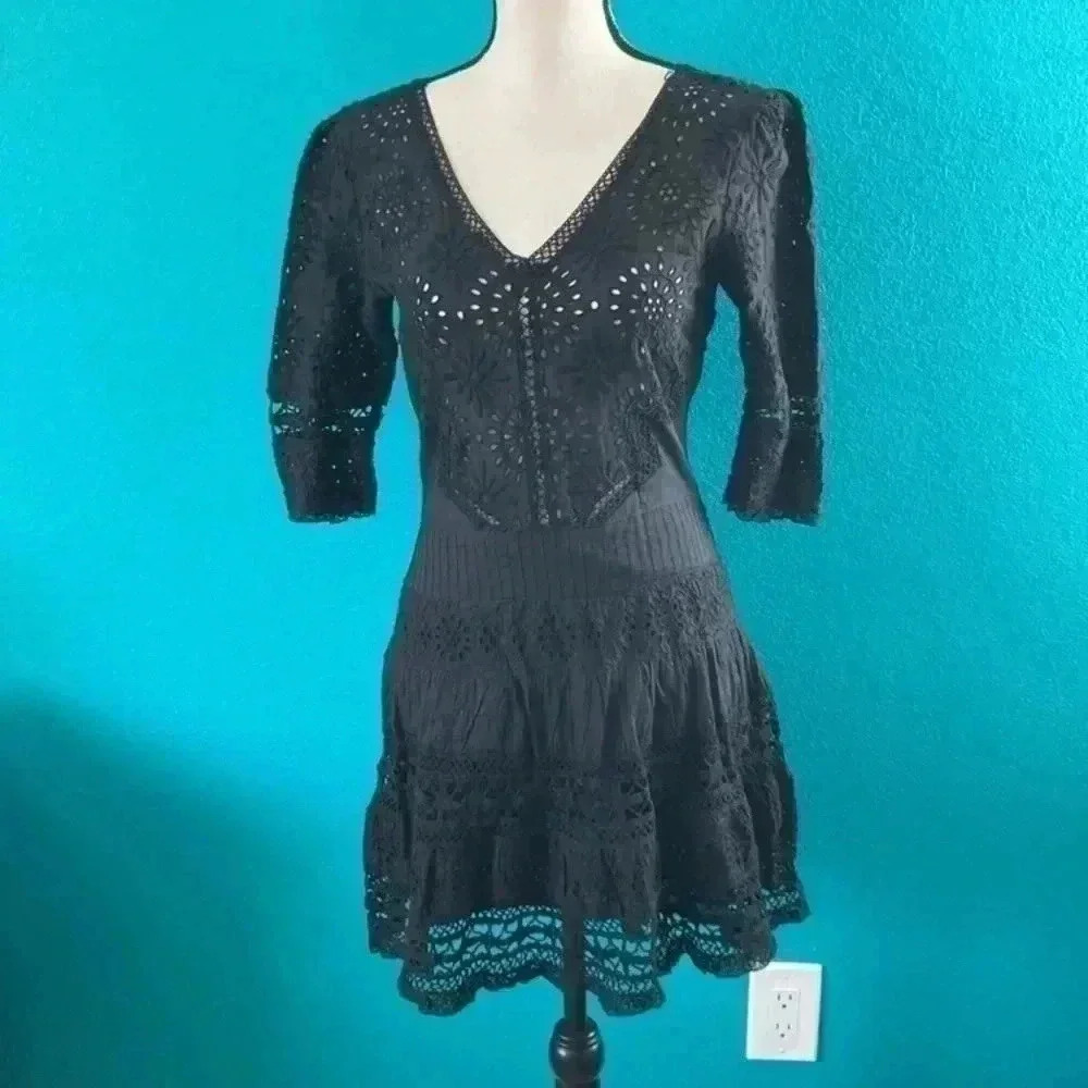 Loveshackfancy Love Shack Fancy Paige Eyelet Lace black Dress in size 0
